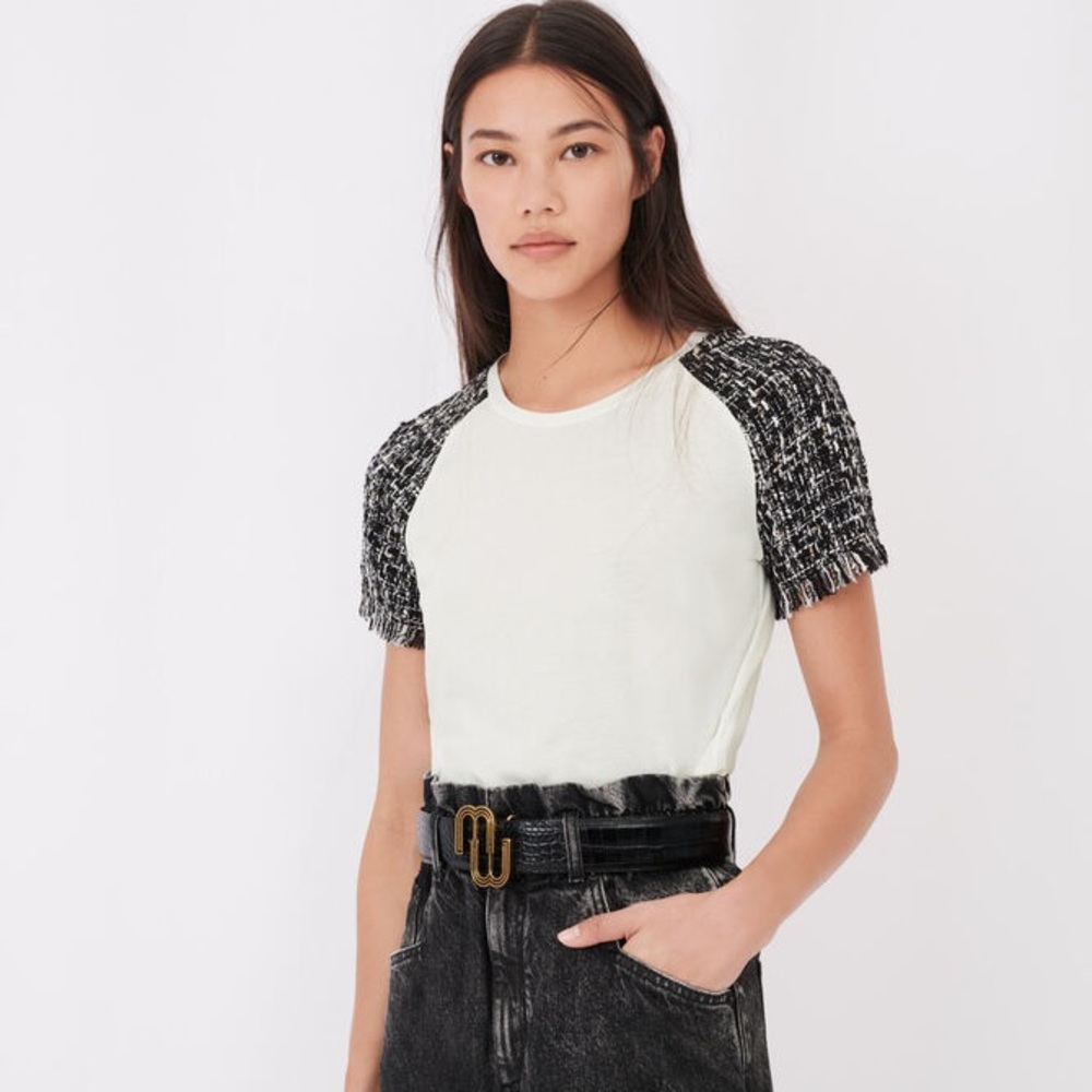 Maje Tweed sleeve details T-Shirt xs